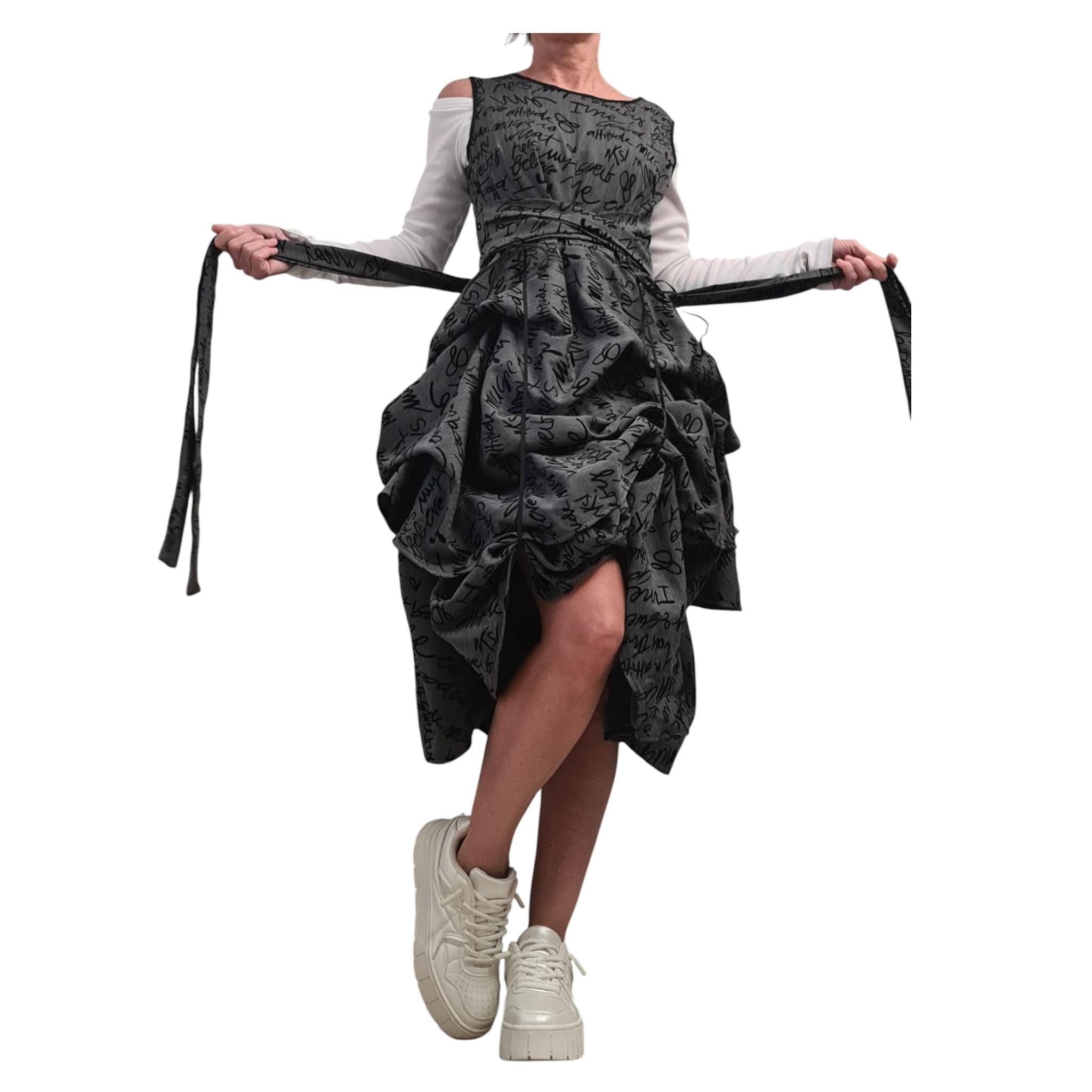 Avant Garde Grey Dress for Women Sleeveless Balloon Silhouette Text Print Belted Knee Length