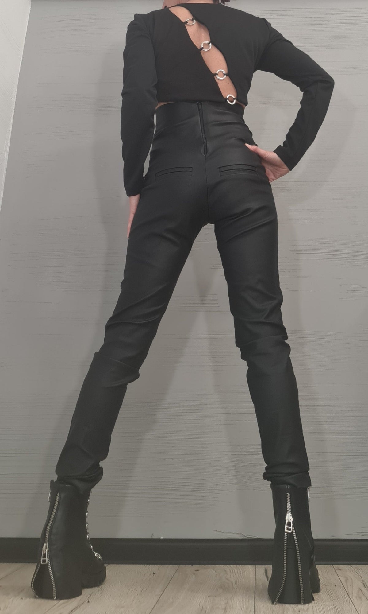 Black Cotton Fitted Crop Top, Open Back, Extravagant Gothic Blouse