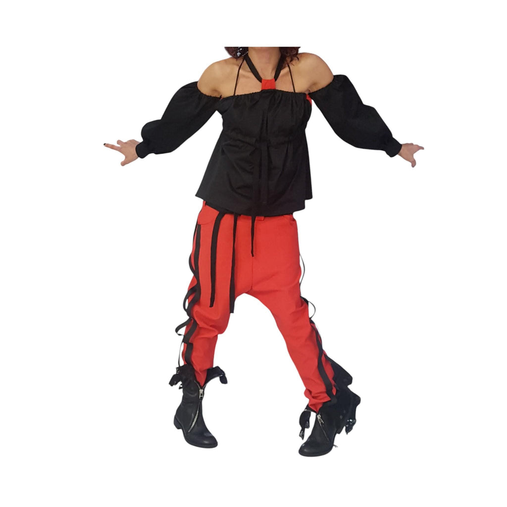 Red Cotton Co-Ord Set, Drop Crotch Pants, Black Cold Shoulder Batwing Blouse