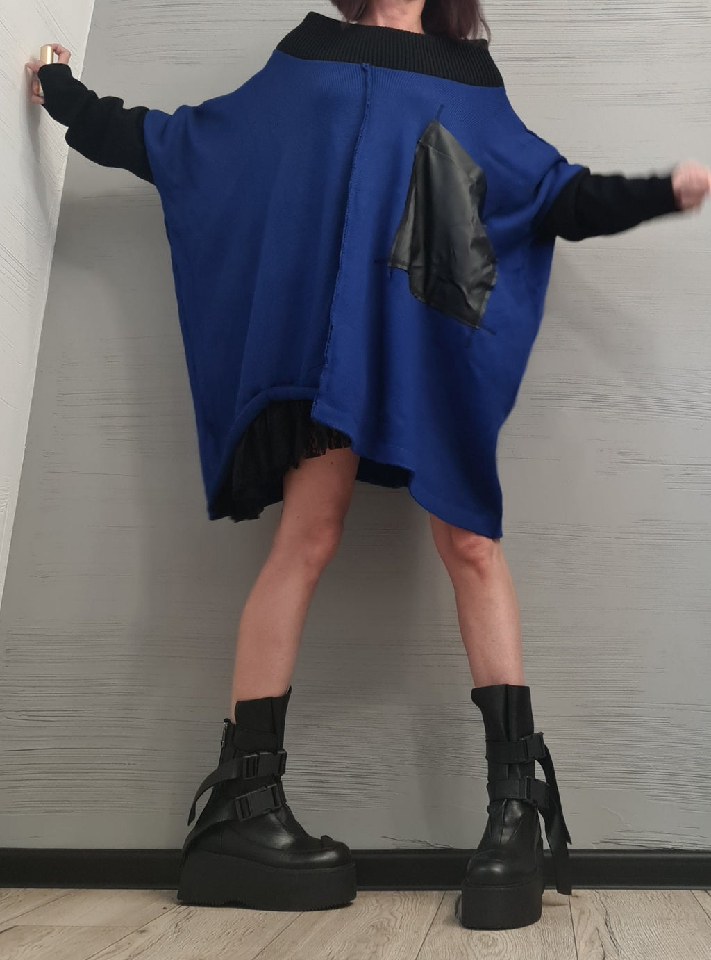 Royal Blue Asymmetrical Knitted Tunic, Oversized Knit Sweater, Plus Size Top
