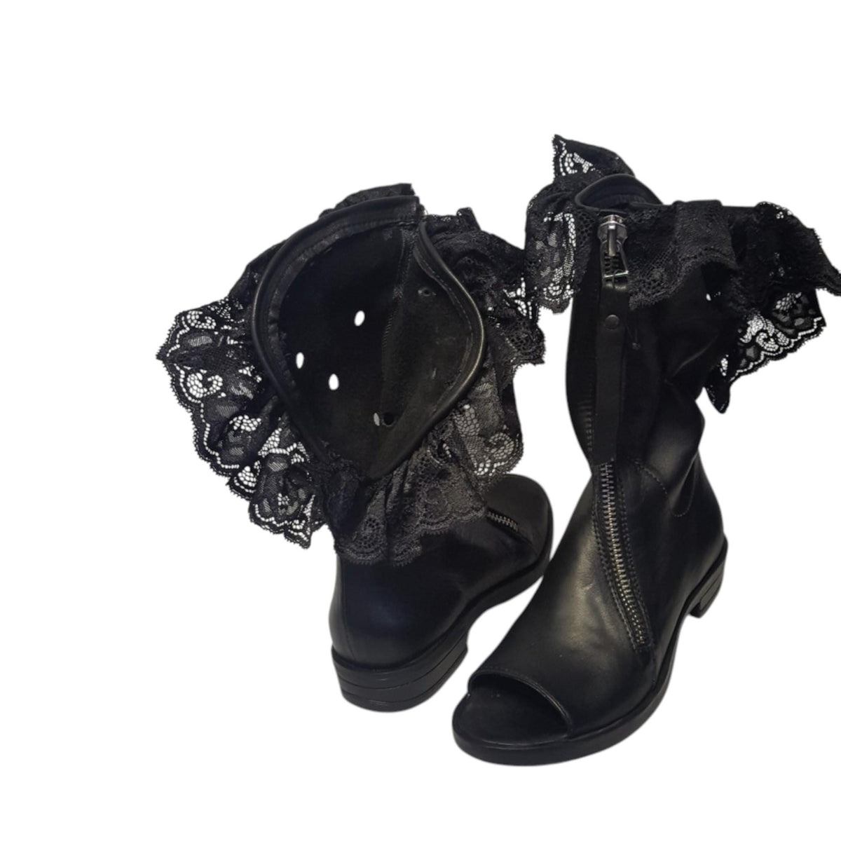 Black Leather Open Toe Boots, Mid Calf Zipper Booties, Asymmetrical Lace Gothic Handmade Shoes