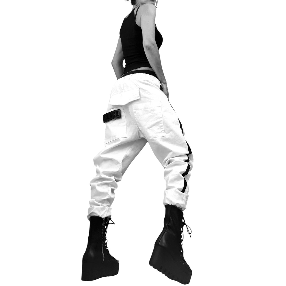 Beige Cargo Jogger Pants, Drop Crotch Trousers, Black Side Stripes, Elastic Waist, Multiple Pockets