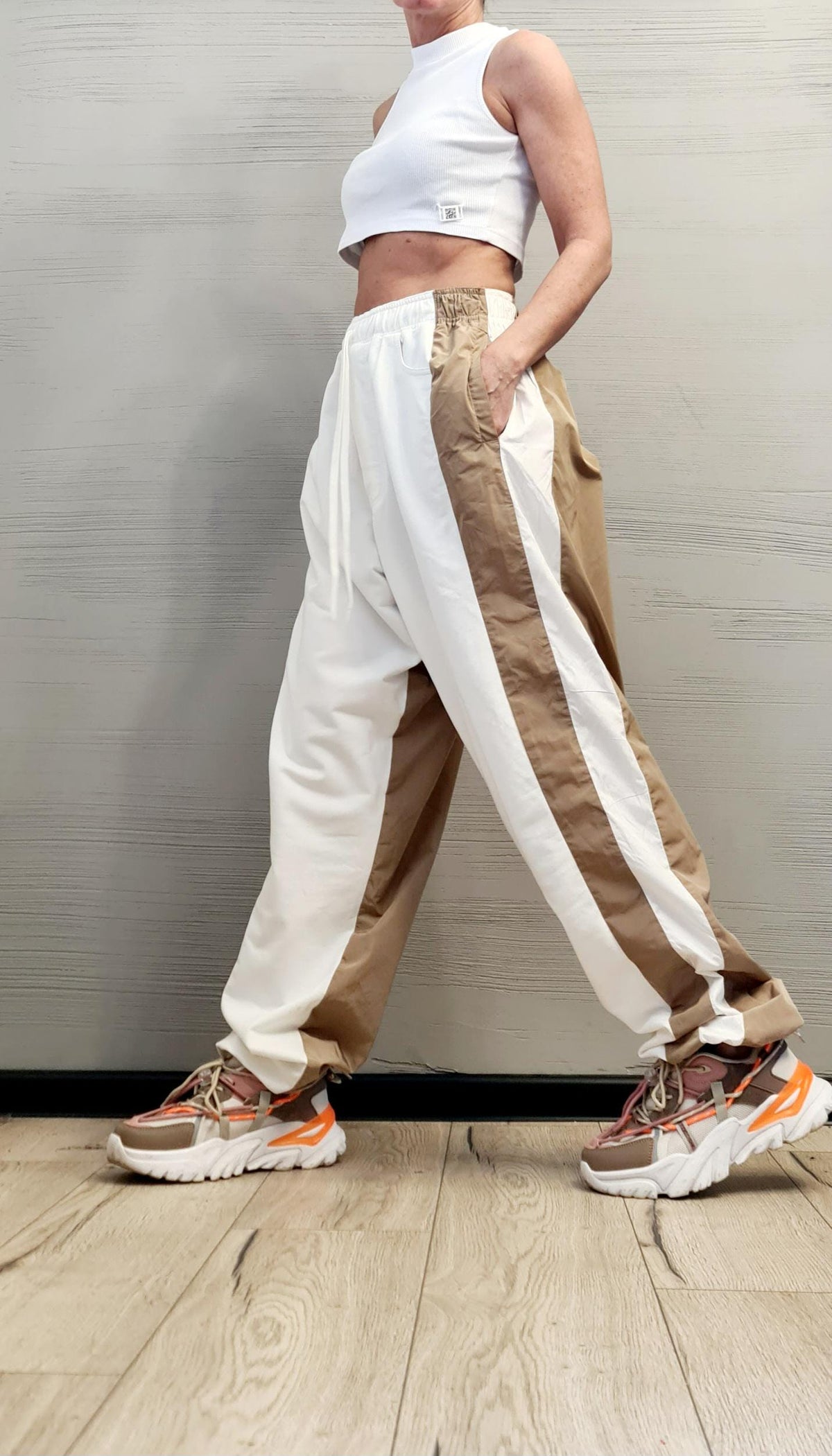 French Terry Jogger Pants, Beige Windbreaker Panels, Color Block