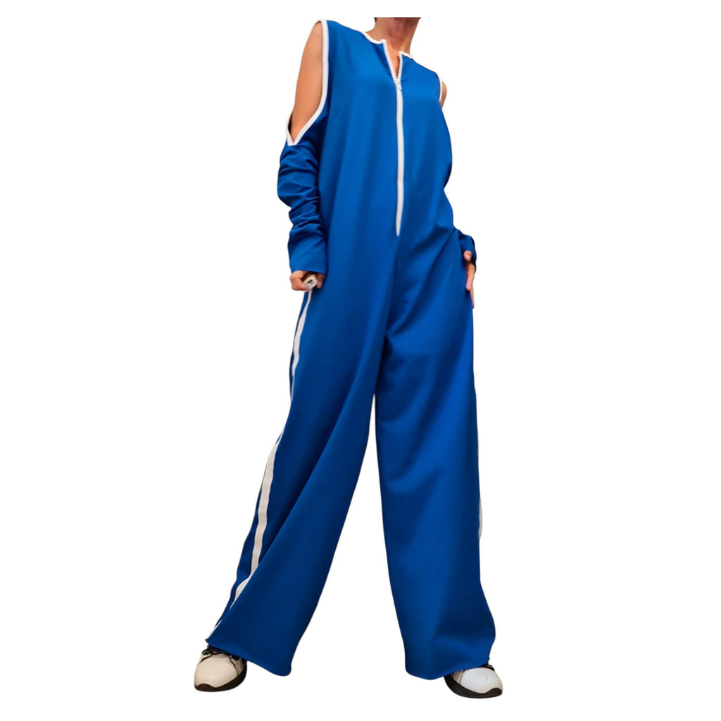 Blue Wide Leg Jumpsuit, Harem Overall, Sleeveless Design, Asymmetric Clothing, Plus Size Outfit