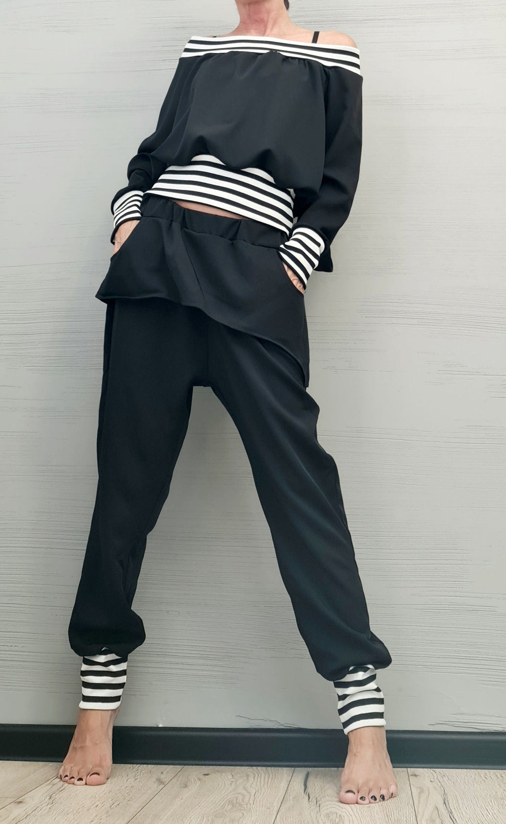Black Tapered Harem Pants, Asymmetrical Skirt Overlay, Off Shoulder Blouse