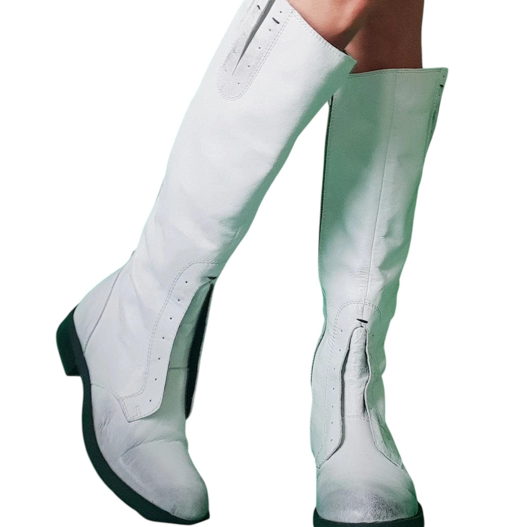 White Leather Combat Boots, Flat High Ankle Shoes, Wedding Women Footwear