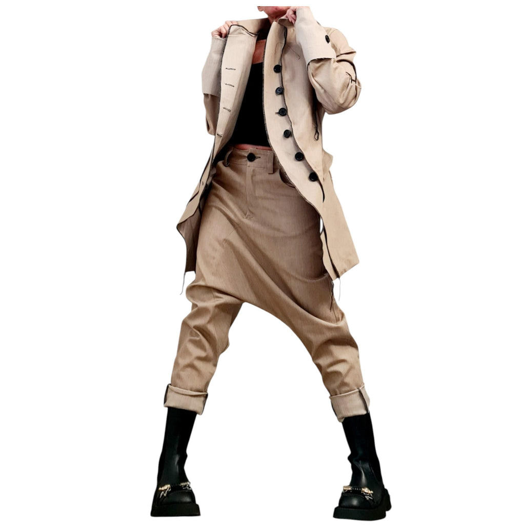 Extravagant Denim Women Costume, Asymmetric Avant Garde Blazer, Cargo Pants