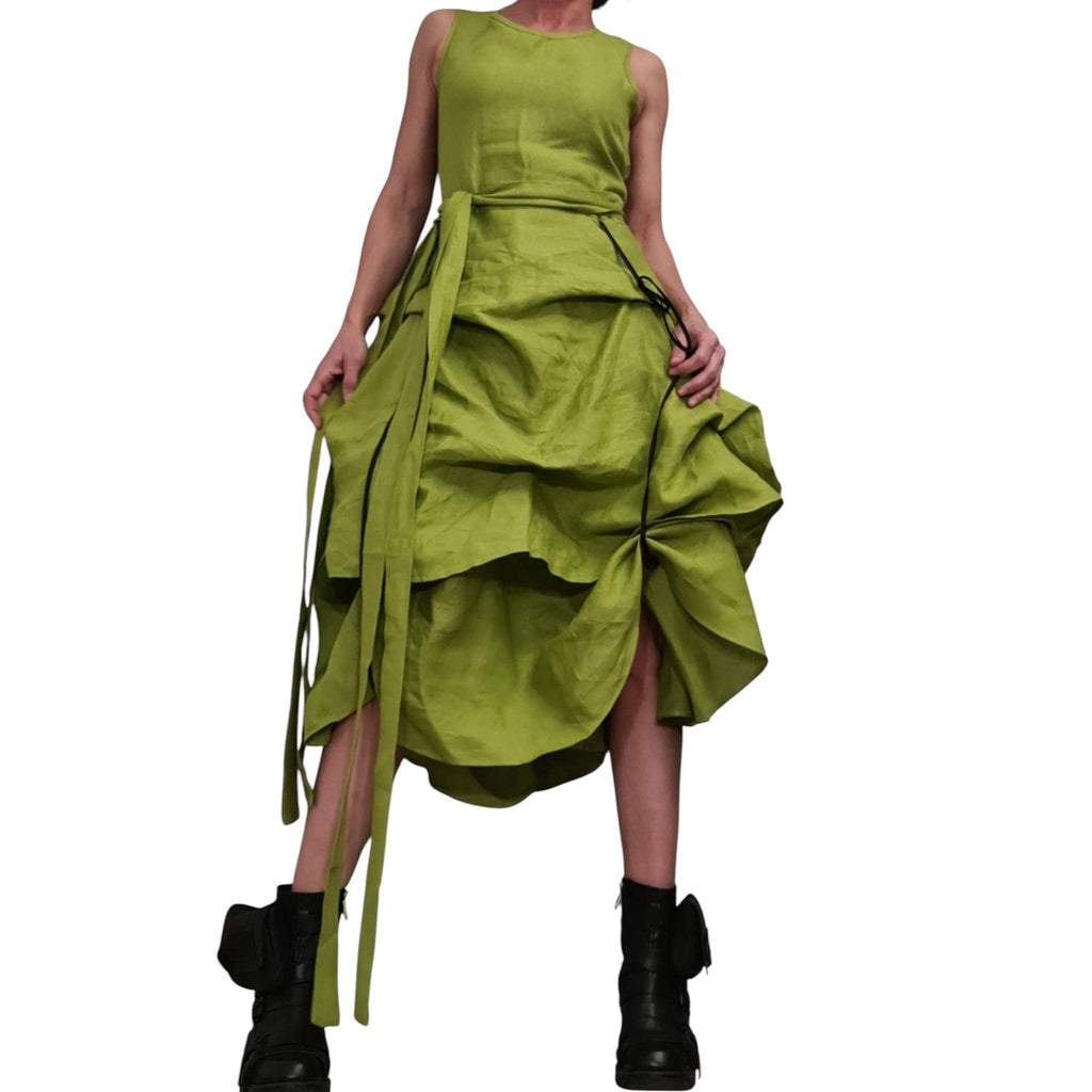 Lime Linen Asymmetric Dress for Women, Sleeveless Layered Midi Dress, Adjustable Avant garde Skirt