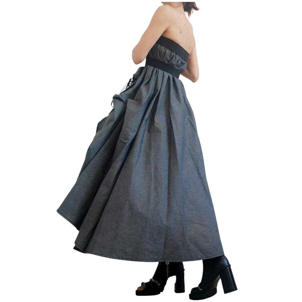 Dark Grey Cotton Sateen Maxi Skirt Dress, Adjustable Drawstrings, Layered Tulle, Convertible Design