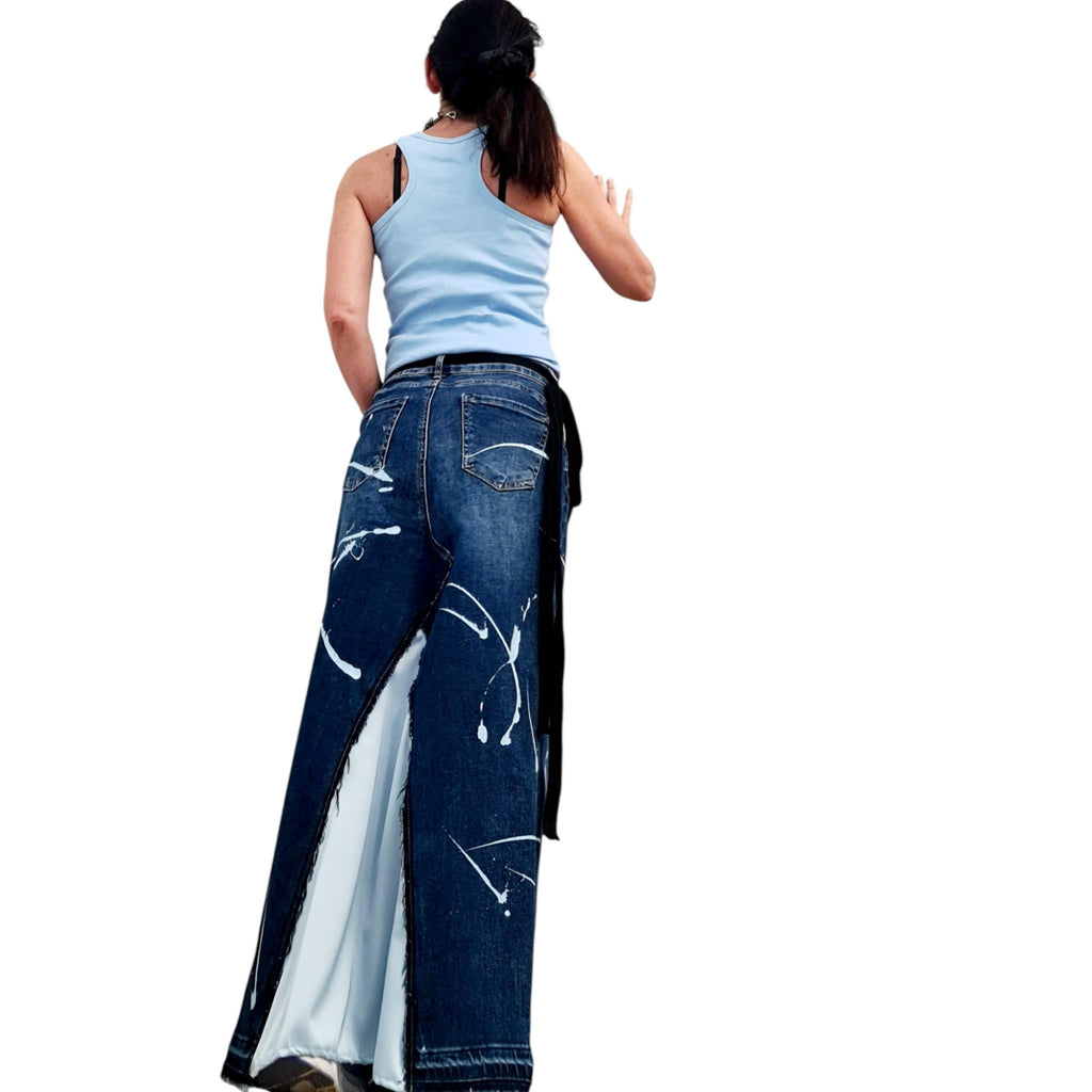 Asymmetric Denim Skirt Maxi Length Blue Satin Panel High Waist Avant Garde Clothing