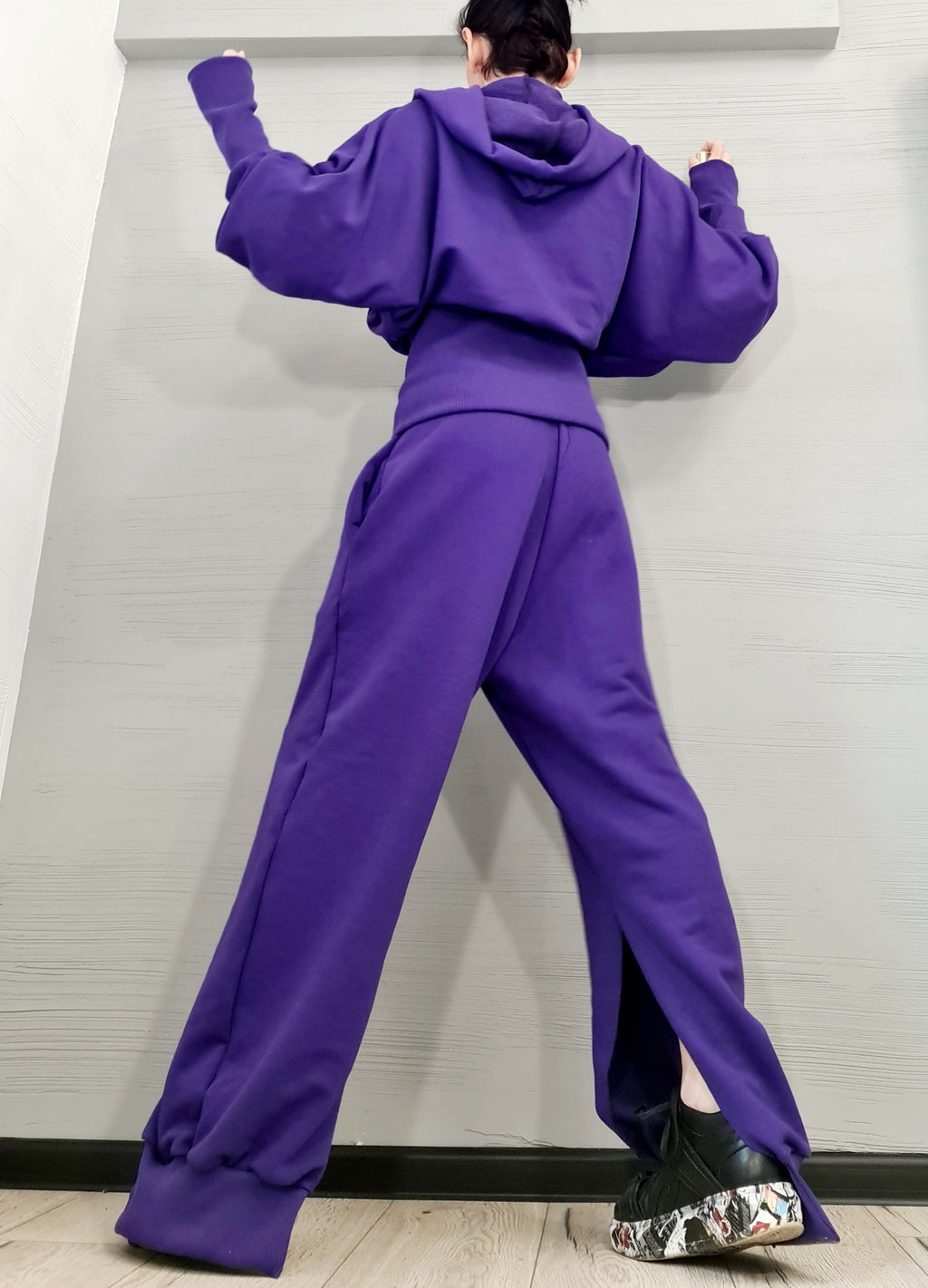 Purple Cotton Drop Crotch Harem Pants, Oversized Hooded Sweatshirt, Split Legs, Two-Piece Co-Ord Set