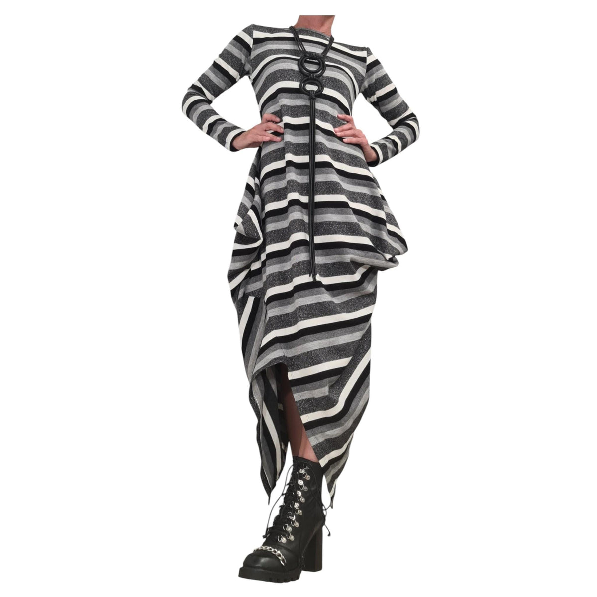 Light Black Silver Asymmetric Long Dress | Fluid Draped Silhouette | women’s clothing | conceptual