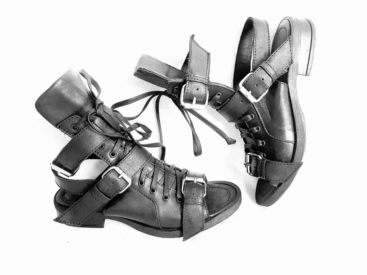 Gothic Gladiator Sandals, Black Leather Greek Style Shoes, Open Toe Summer Footwear