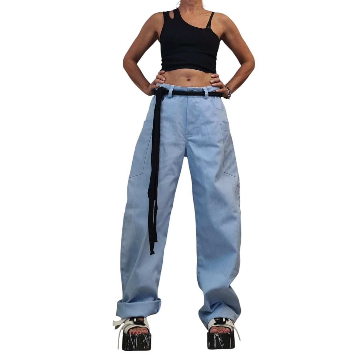 Light Blue Balloon Denim Pants, Wide Leg Barrel Jeans