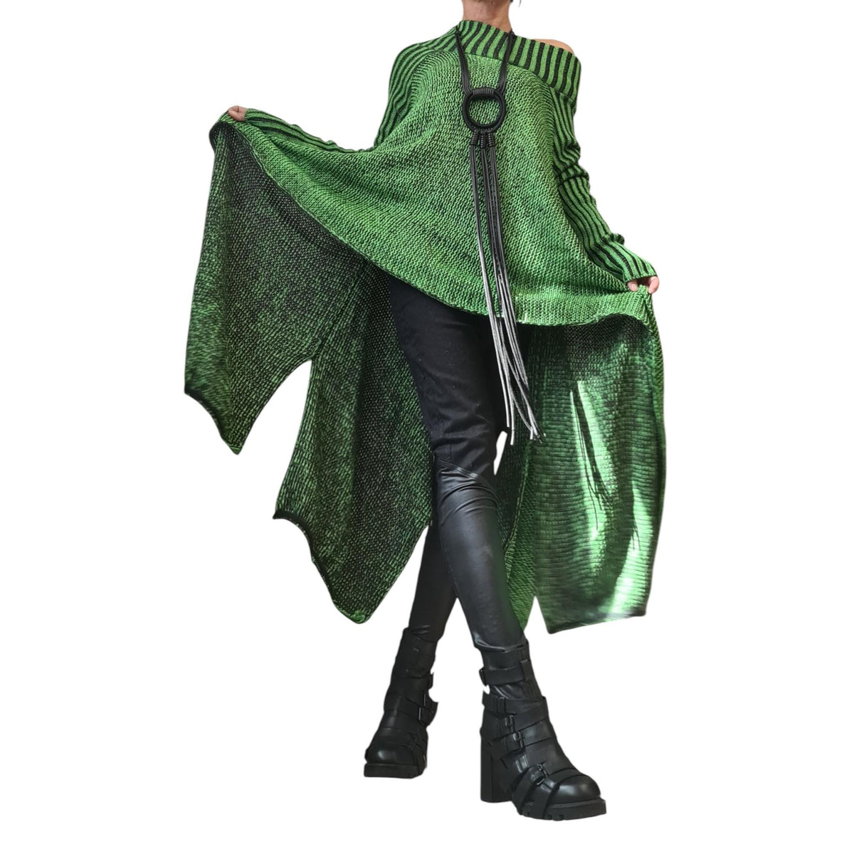 Green Asymmetric Knitted Top, Open Shoulder Sweater, Plus Size Long Sleeve Tunic