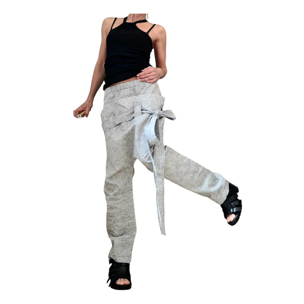 Linen Drop Crotch Pants, Double Waistband Trousers, Slim Tapered Leg