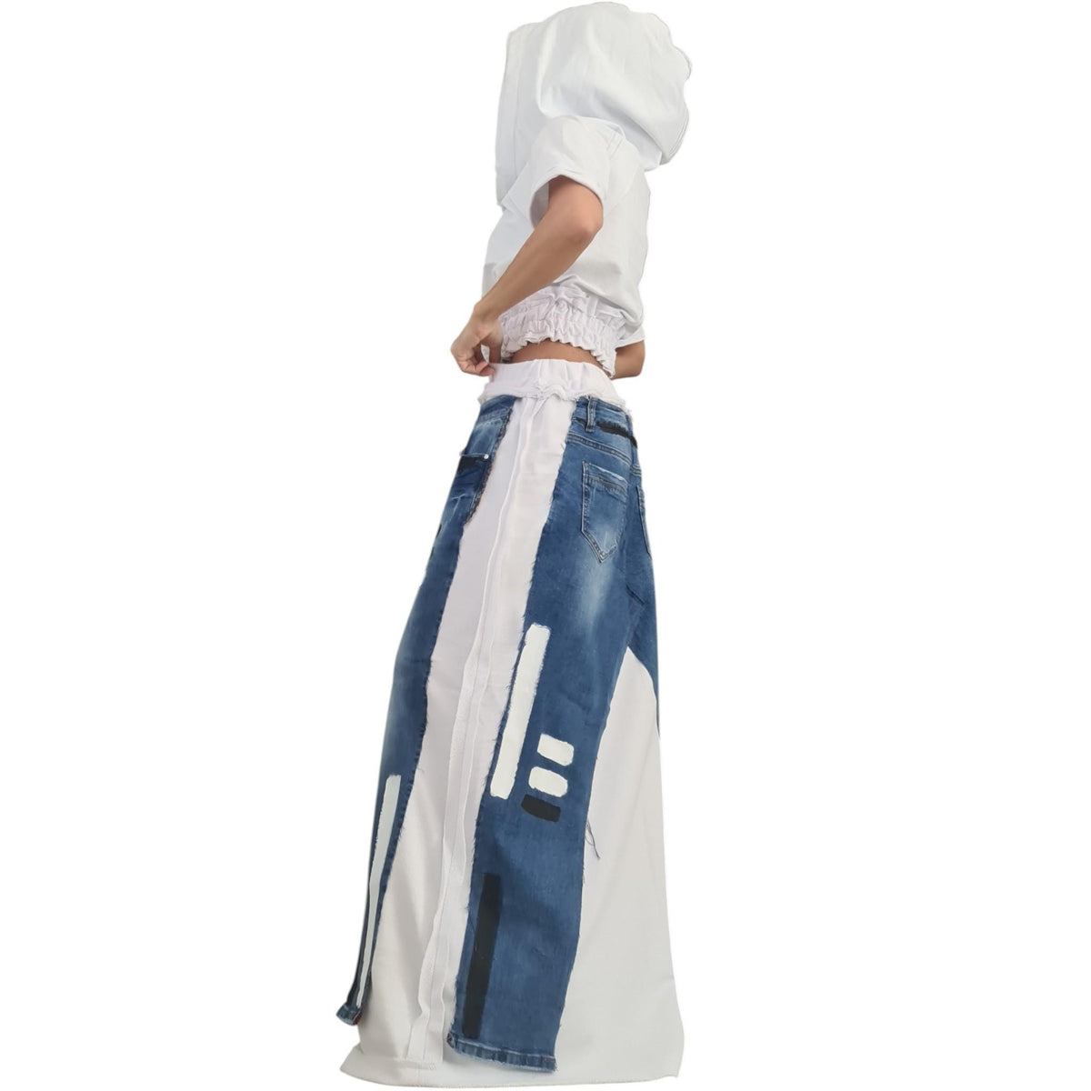 Deconstructed Denim Avant Garde Set, Hooded Short Cotton Sweatshirt, Long Skirt