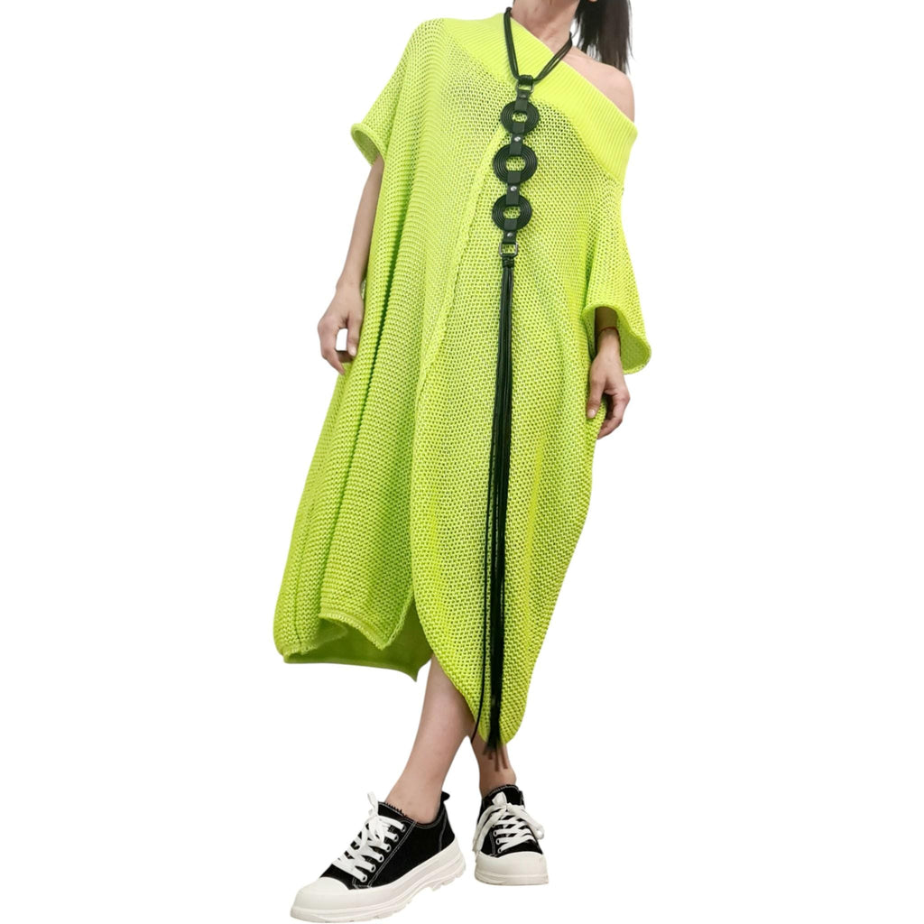 Lime Green Asymmetric Knit Tunic, Oversized Maxi Sweater Dress, Plus Size Top