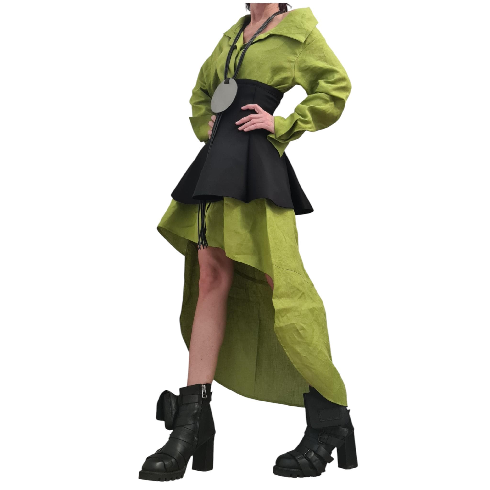 Pistachio Linen Shirt Dress with Neoprene Corset, High Low Hem, Asymmetric Handmade Tunic Dress