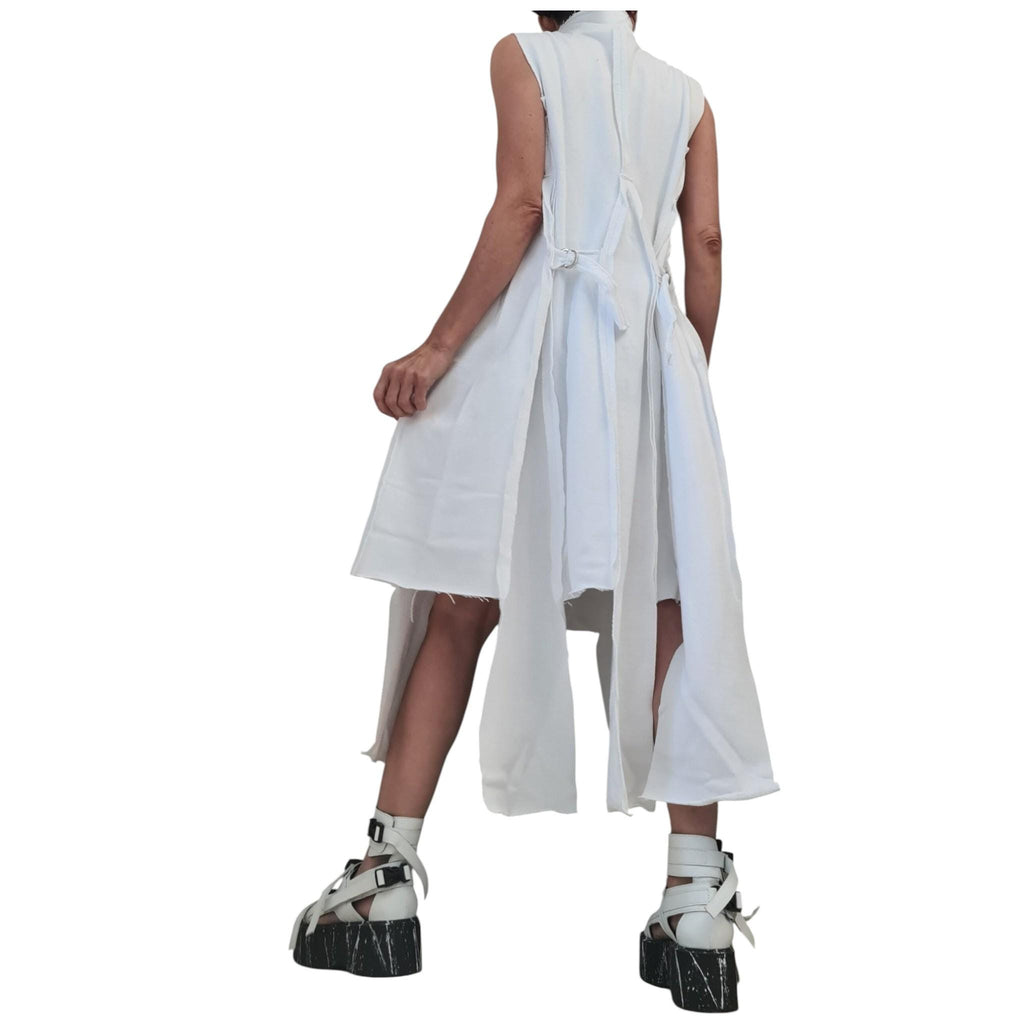 White Asymmetrical Maxi Vest, Sleeveless Cotton Longline Top, Buckle Straps