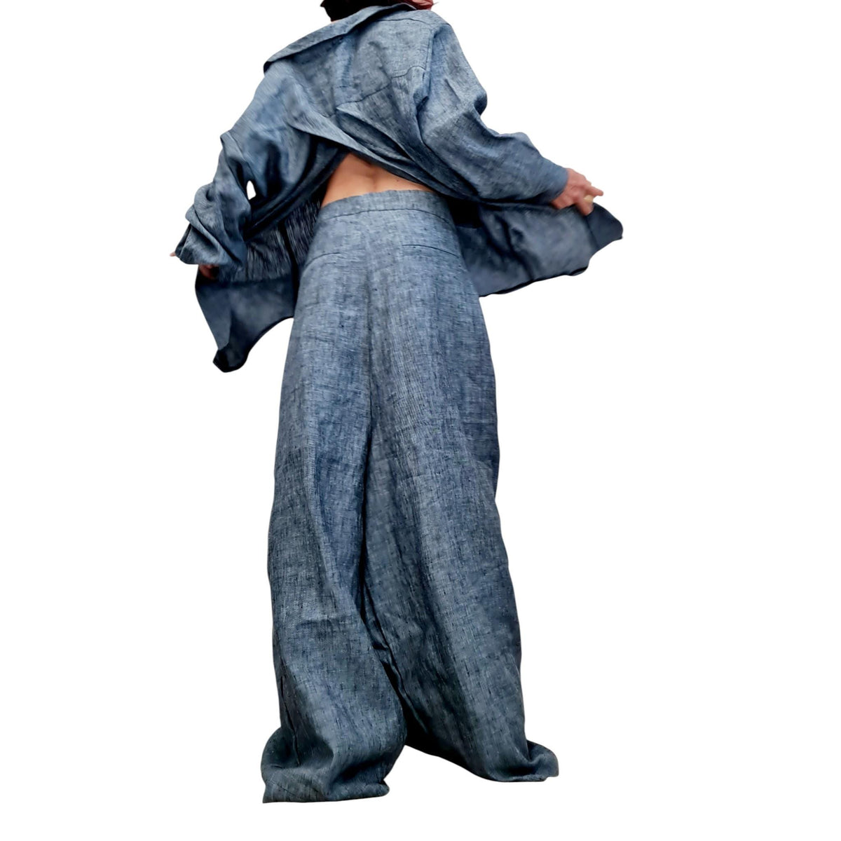 Red Linen Two Piece Women Set, Open Back Shirt, Wide Leg Harem Pants Outfit