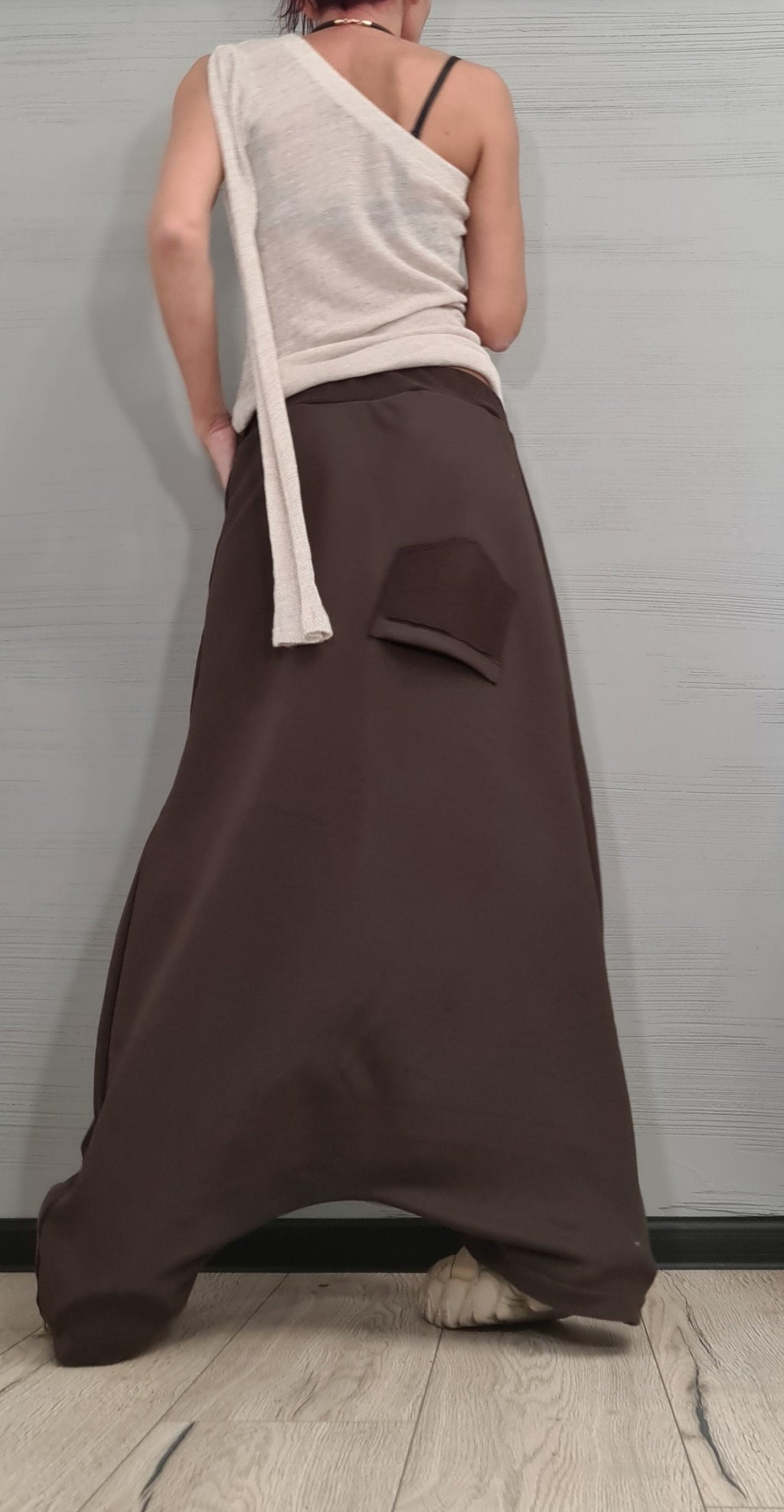 Brown Harem Skirt Pants, French Terry, Wide Leg Trousers
