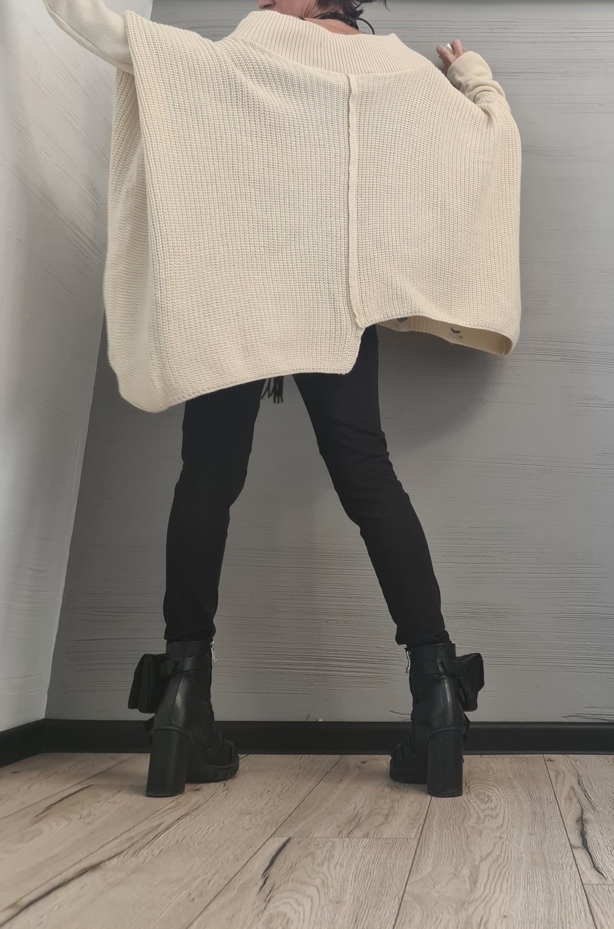 Mint Asymmetrical Knitted Tunic, Beige Avant Garde Top, Oversized Knit Sweater