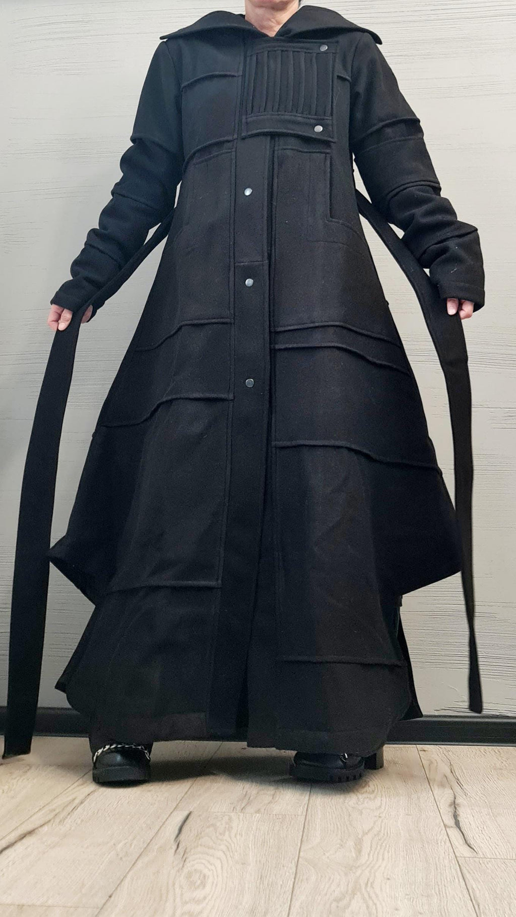 Red Asymmetric Floor Length Coat, Layered Hem and High Collar, Strap Details, Plus Size