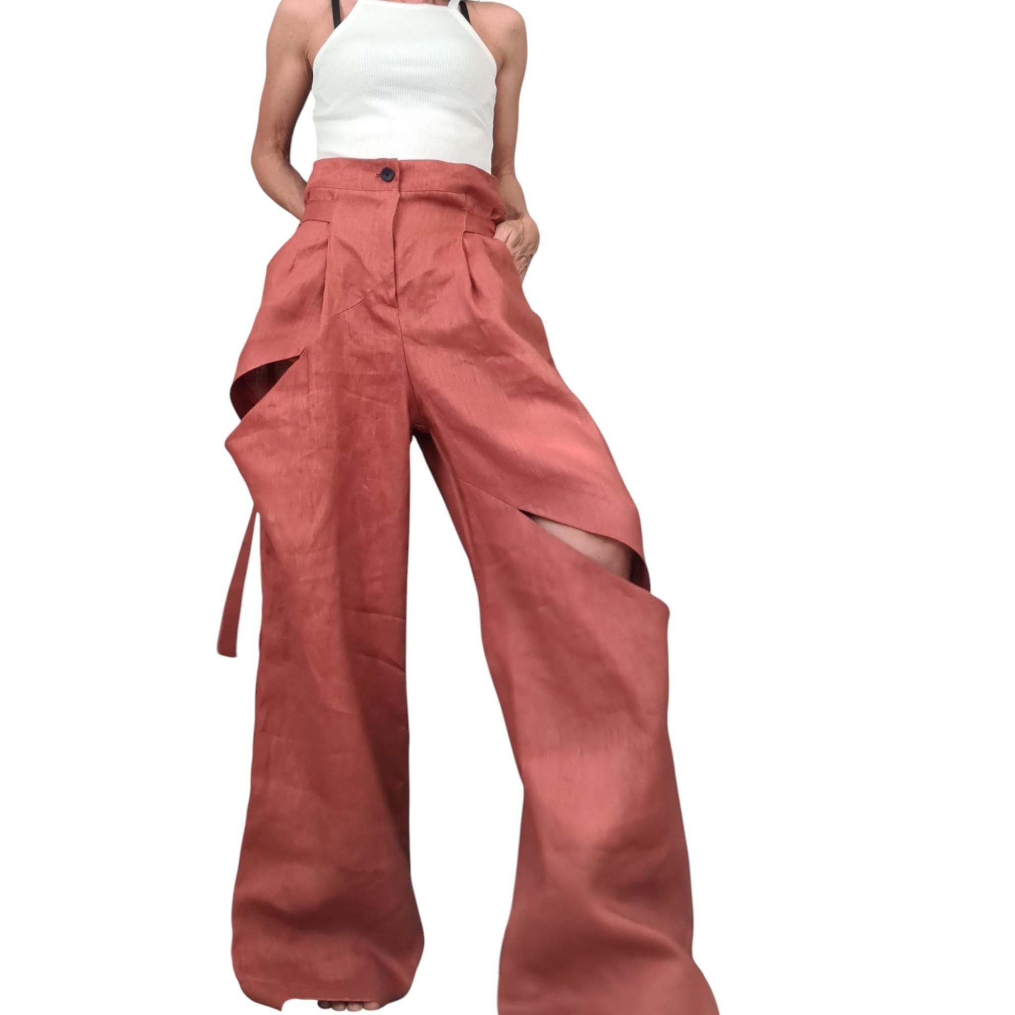 Brick Linen Wide Leg Pants, Adjustable Waist, Asymmetric Slit Avant Garde Trousers