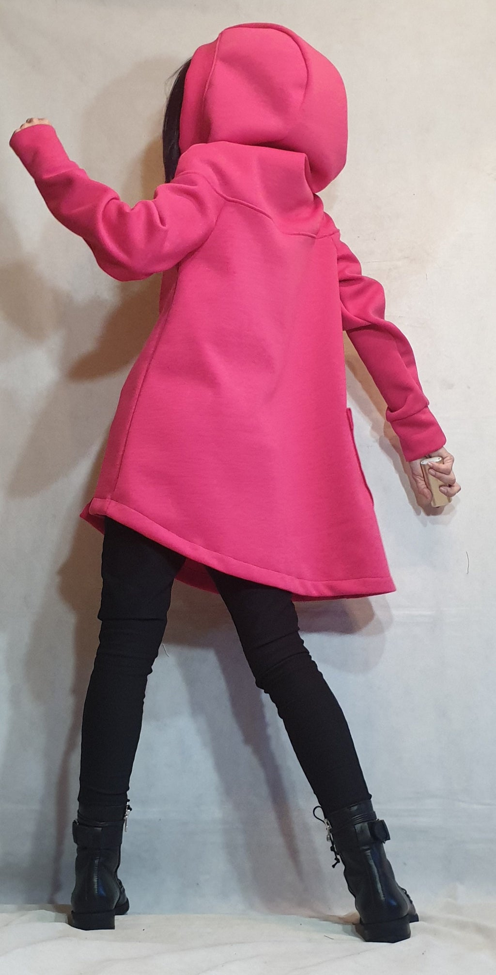 Hot Pink Asymmetric Cotton Hoodie, Diagonal Zip, Oversized Hood and Patch Pocket, Plus Size