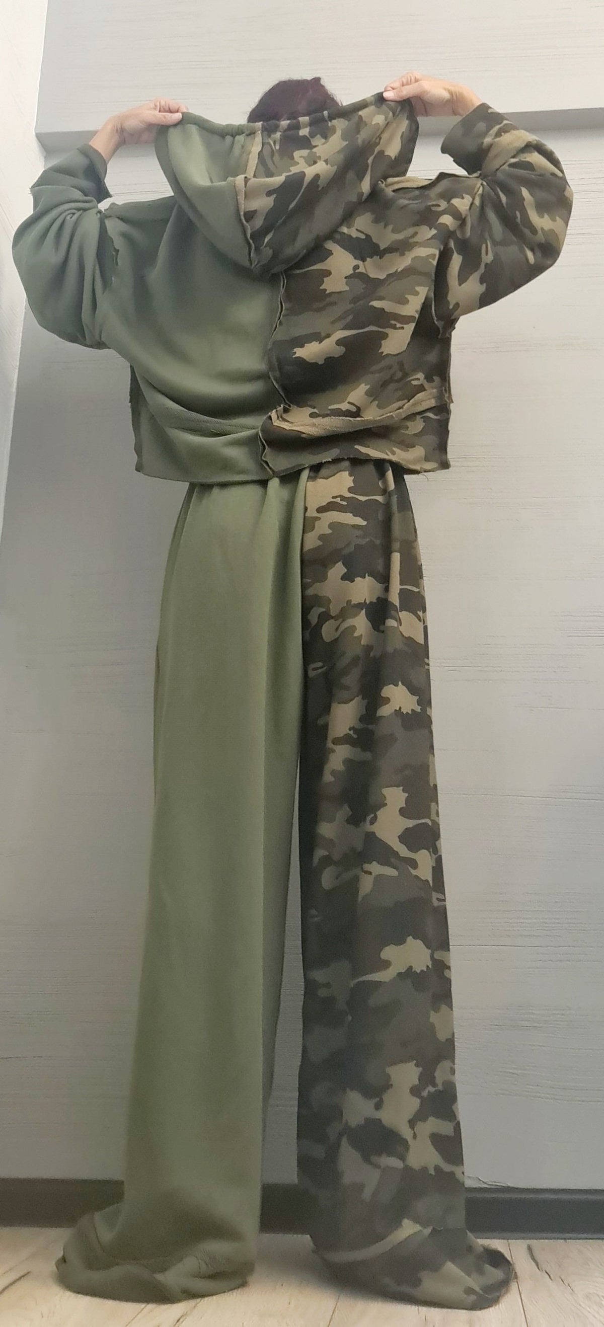 Olive Green Cotton Wide Leg Pants, Cropped Oversized Hoodie, Camouflage Panels, Two-Piece Co-Ord Set