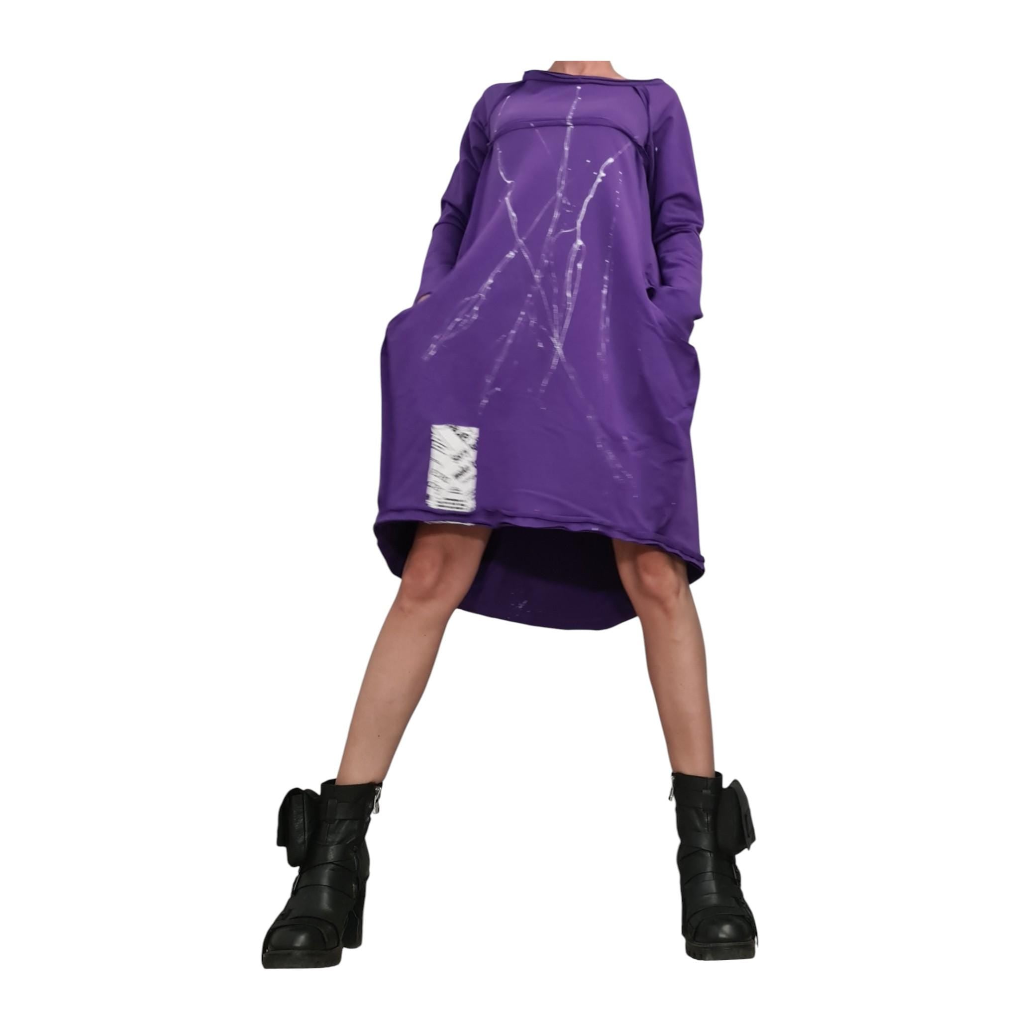 Dark Purple French Terry One Shoulder Dress for Women, Oversized Asymmetric Sweatshirt Dress