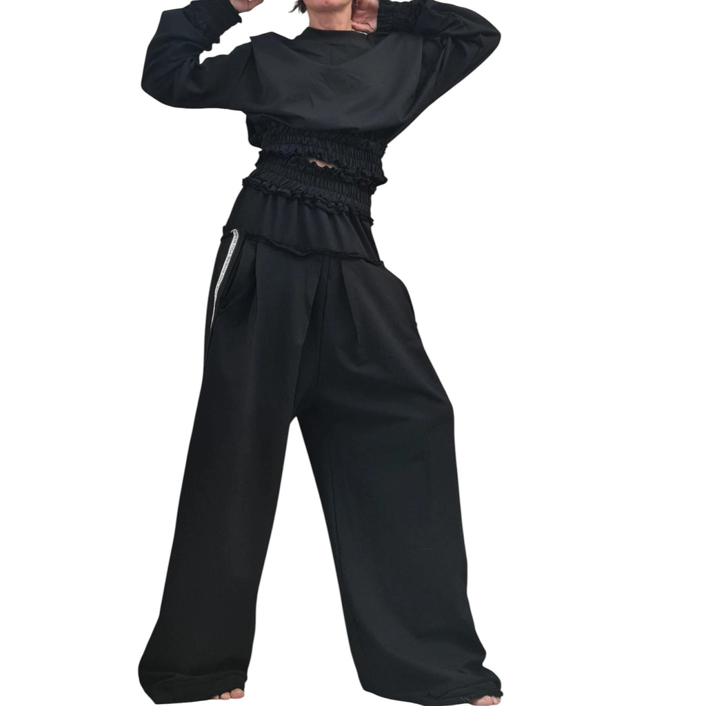 Black Cotton Wide Leg Trousers, French Terry Blouse, Two Piece Set
