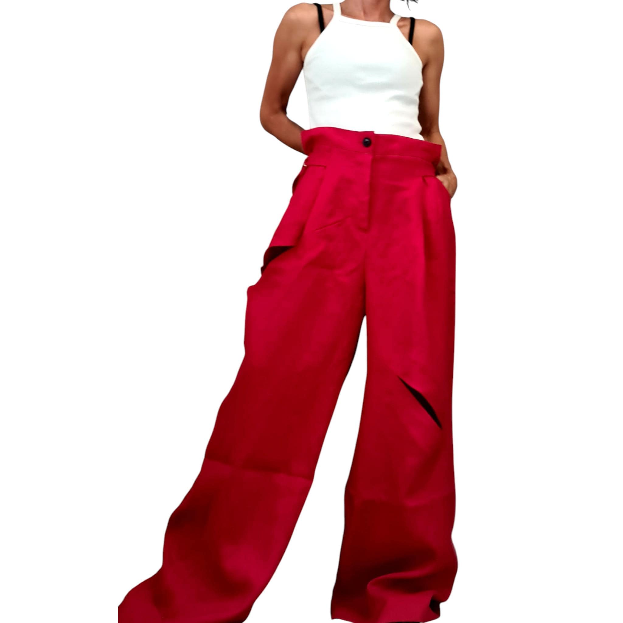 Red Linen Harem Pants for Women, Wide Leg Punk Style Trousers, Urban Avant Garde