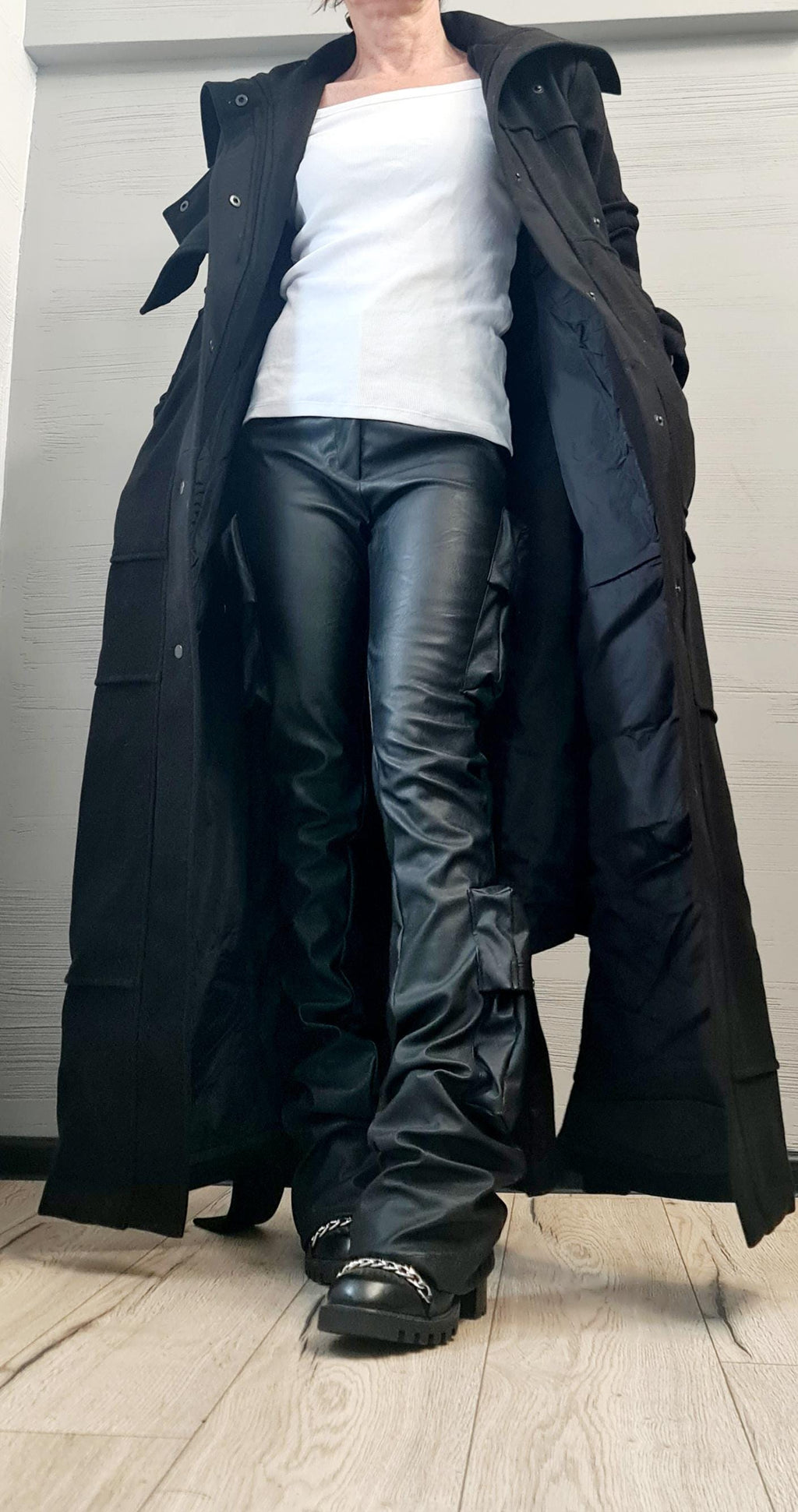 Black Hooded Asymmetric Coat, Oversized Long Winter Jacket, Wrap Belt Closure