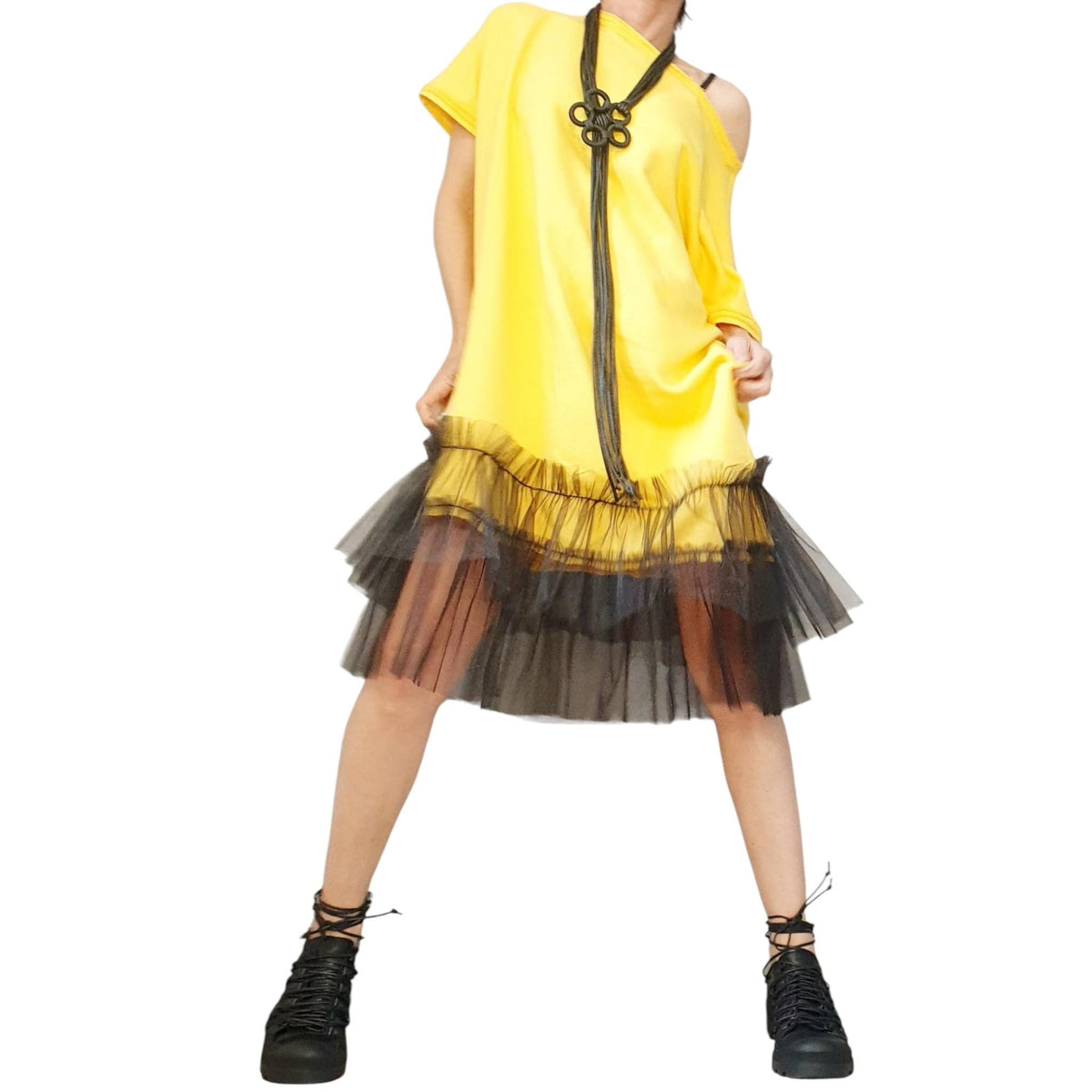 Oversize Yellow Tunic Dress - Loose Fit with Tulle Accent