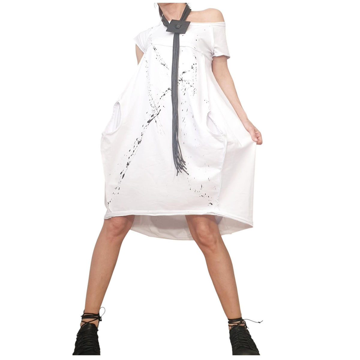 White Cotton Short Sleeve Dress, One Shoulder, Asymmetric Oversized Tunic