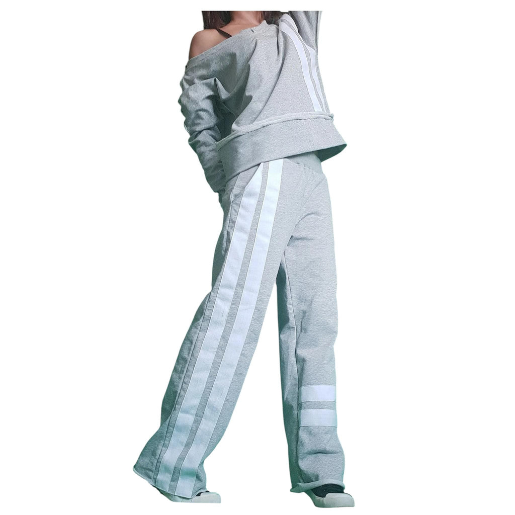 Grey Cotton Wide Leg Pants, Asymmetrical Off Shoulder Blouse, White Stripes, Two-Piece Co-Ord Set