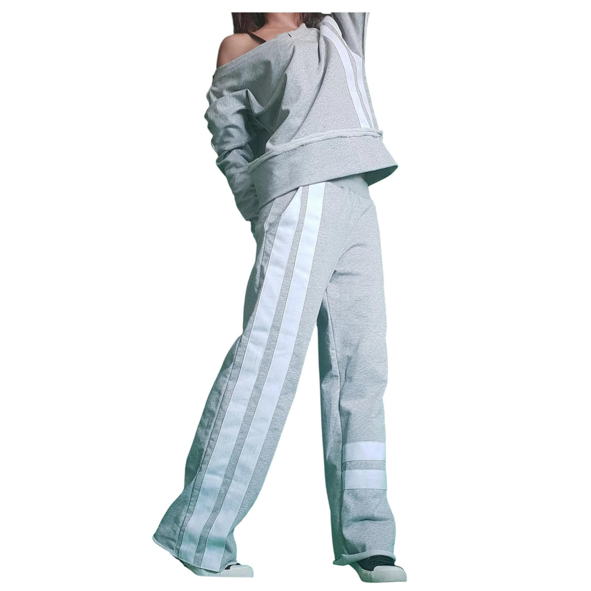 Grey Cotton Wide Leg Pants, Asymmetrical Off Shoulder Blouse, White Stripes, Two-Piece Co-Ord Set