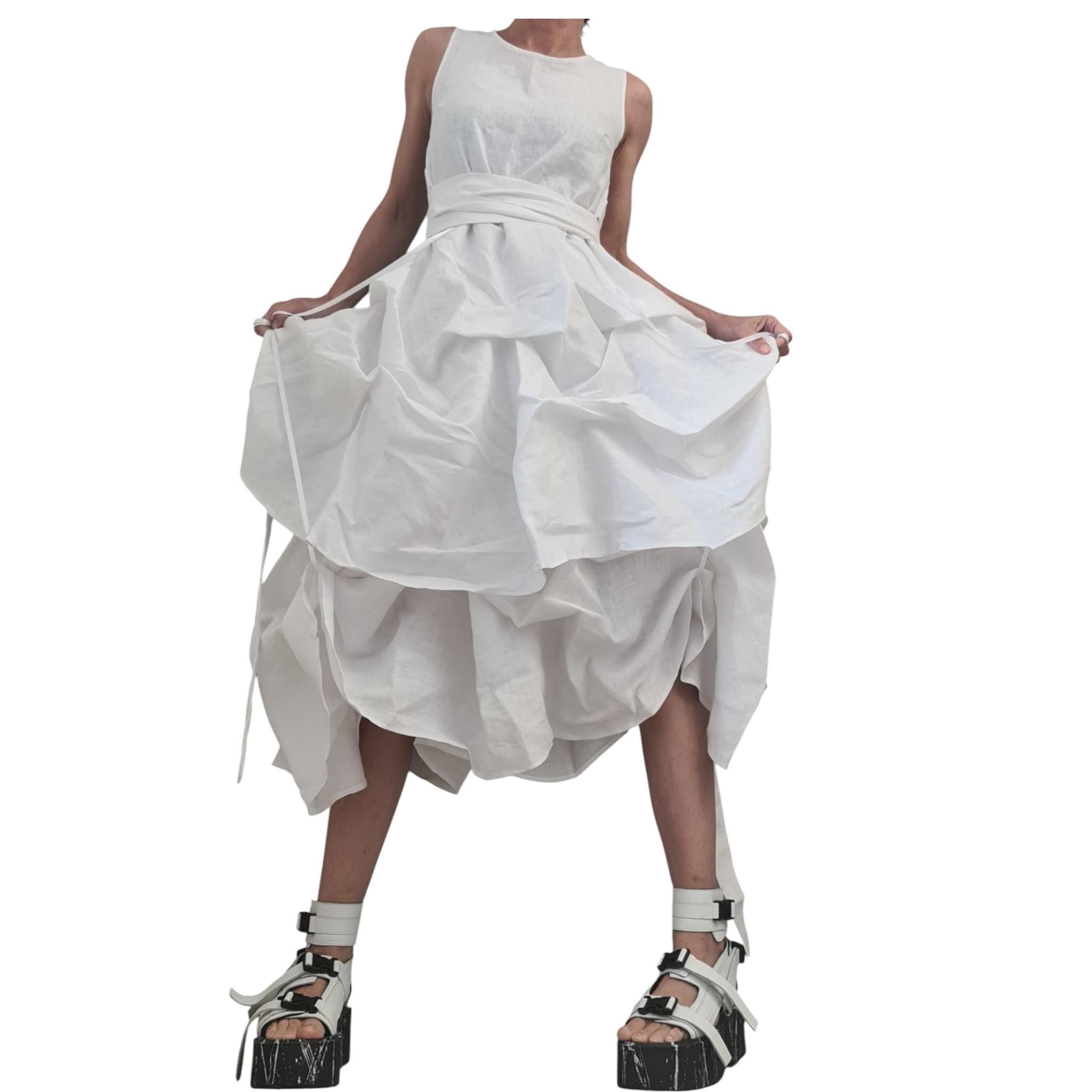 White Linen Sleeveless Dress, Asymmetric Midi Dress