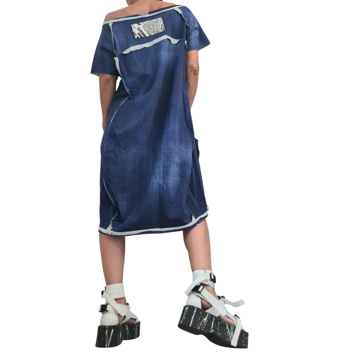 Asymmetric Cotton Tunic, Printed Denim Effect, Avant Garde Plus Size Dress for Women