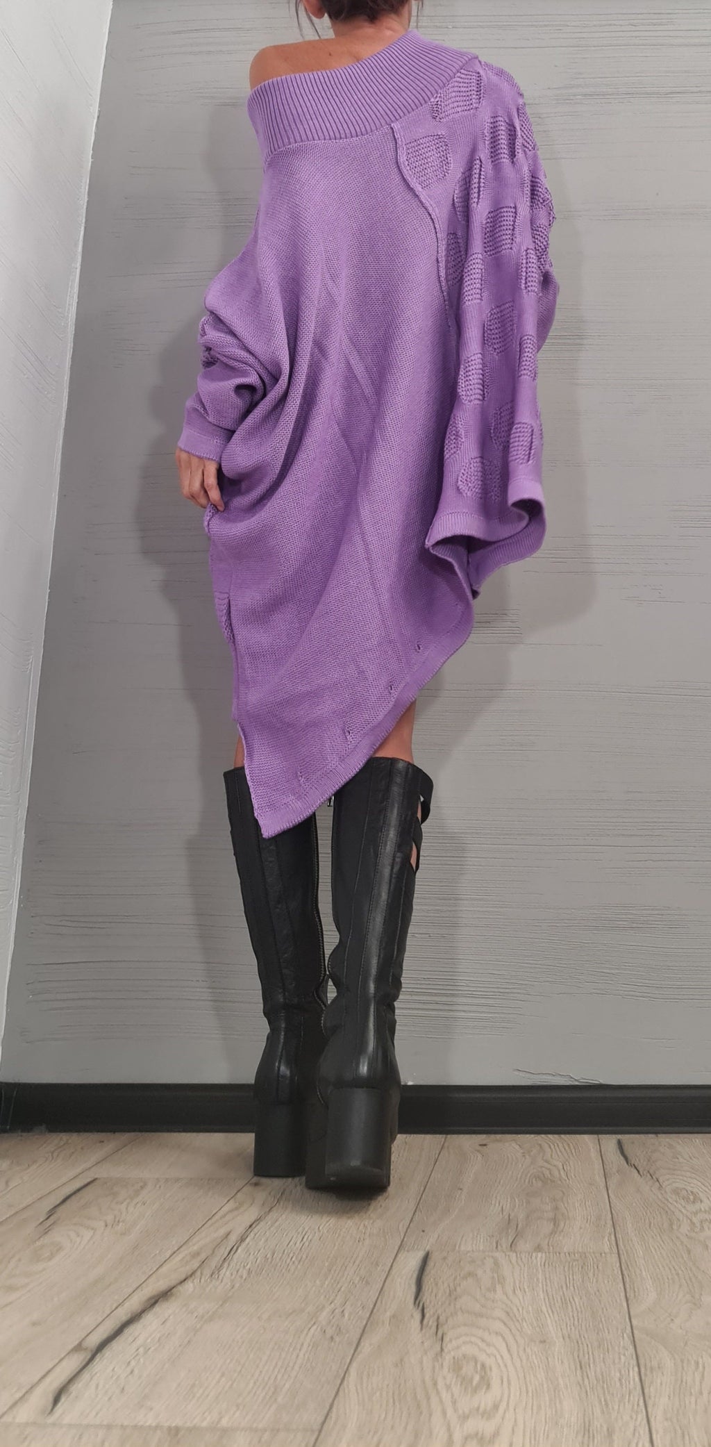 Lavender Asymmetrical Knitted Tunic Dress, Oversized Long Sweater, Plus Size Top