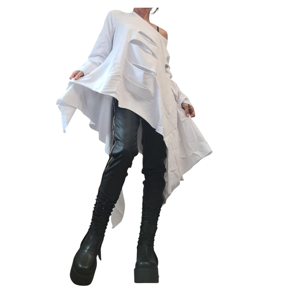 Avant Garde White Cotton Tunic, Deconstructed Asymmetric Blouse
