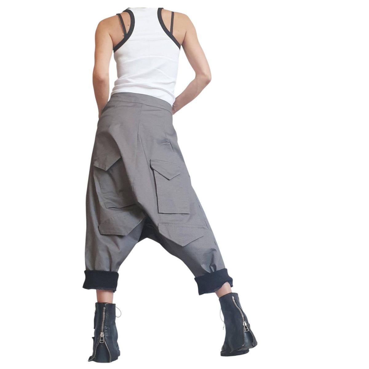 Grey Harem Pants, Drop Crotch, Cargo Flap Pockets, Tapered Ankle
