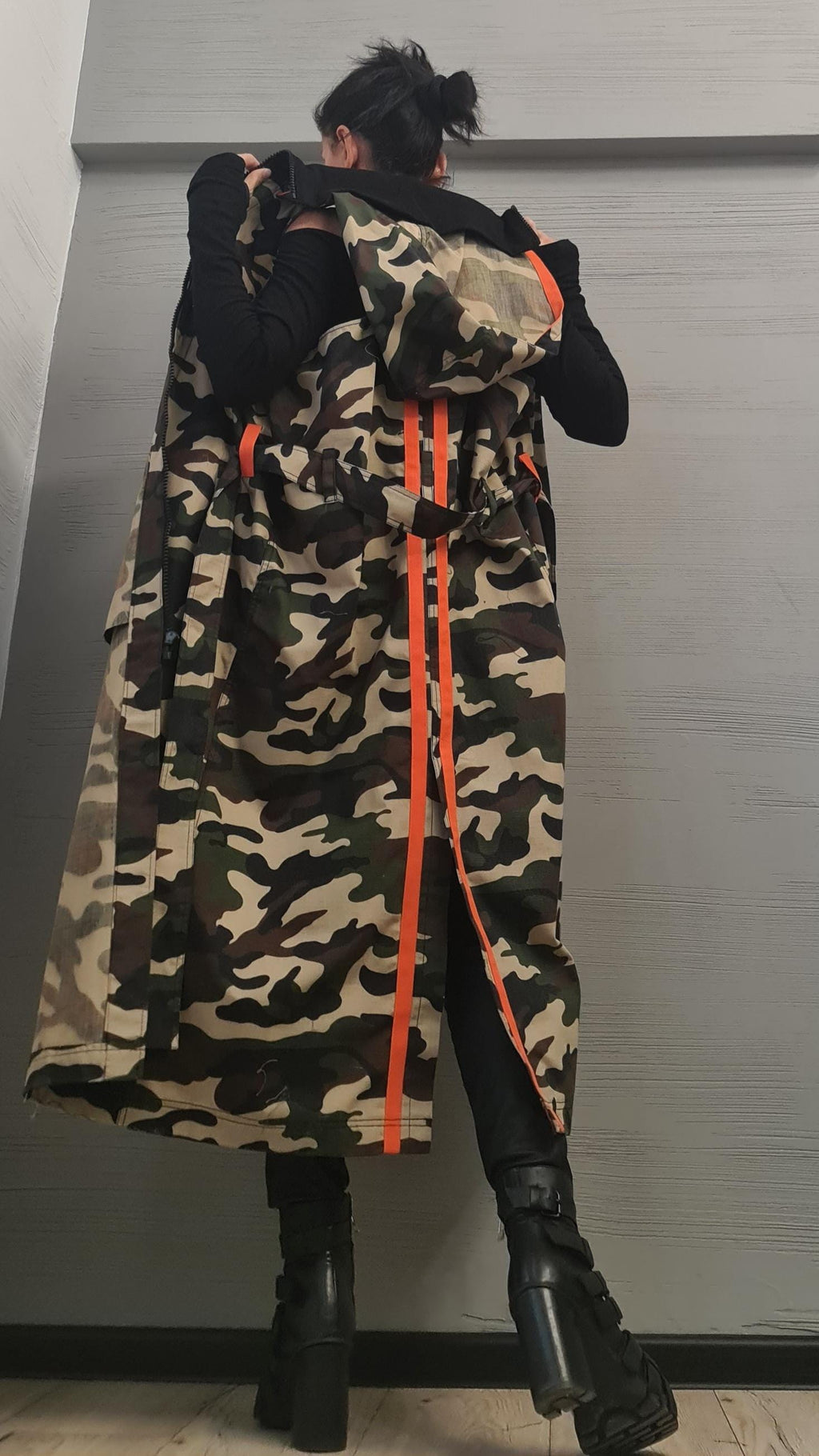 Camouflage Two-Piece Set, Cropped Hooded Jacket, Belted Maxi Vest, Orange Stripes