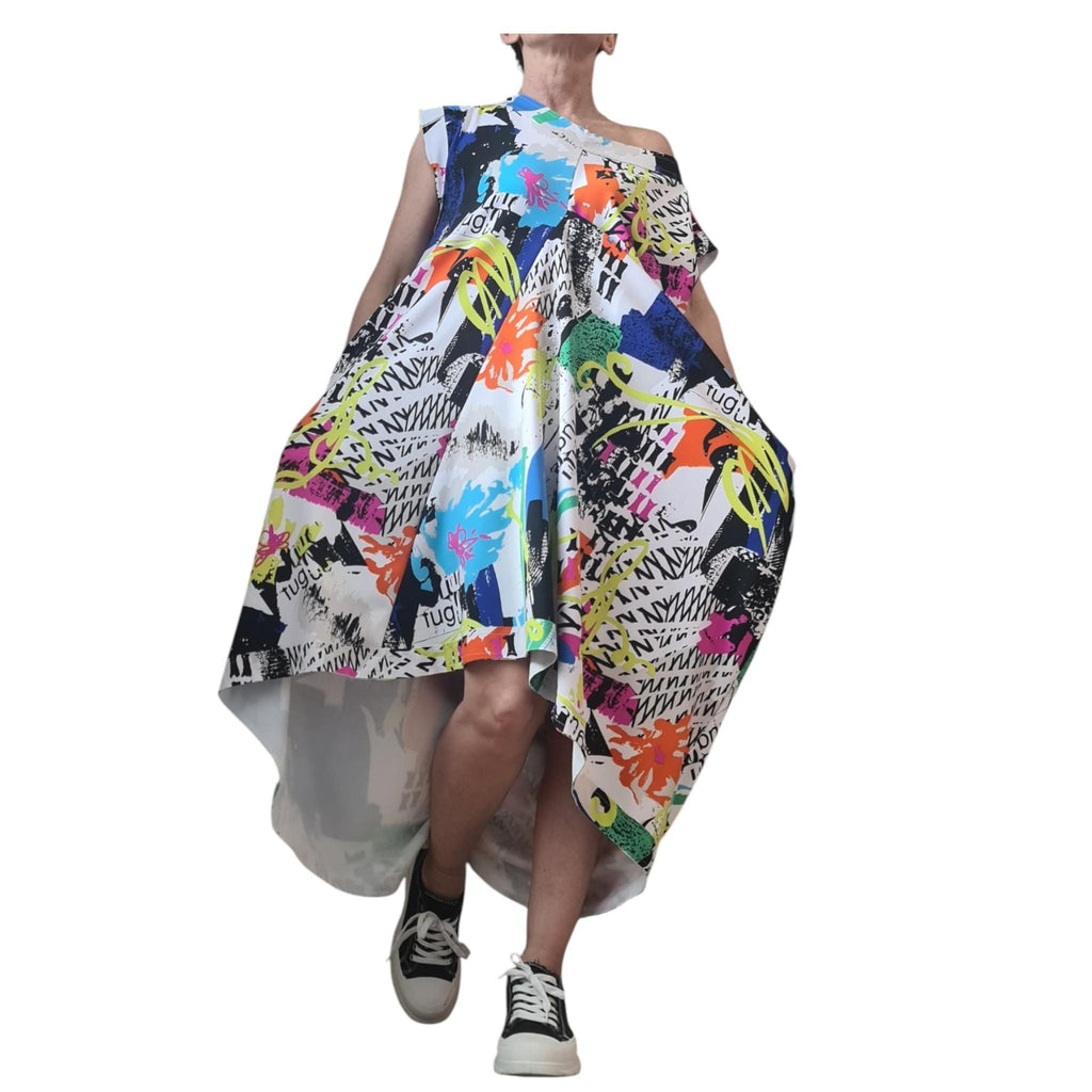 Avant Garde Graffiti Dress Women Asymmetric One Shoulder Oversized Pocket Cotton Dress