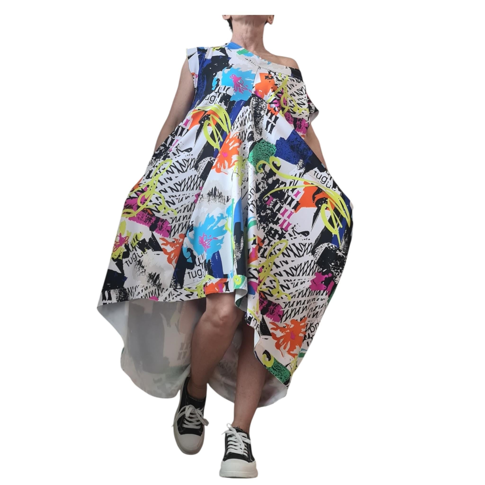 Avant Garde Graffiti Dress Women Asymmetric One Shoulder Oversized Pocket Cotton Dress