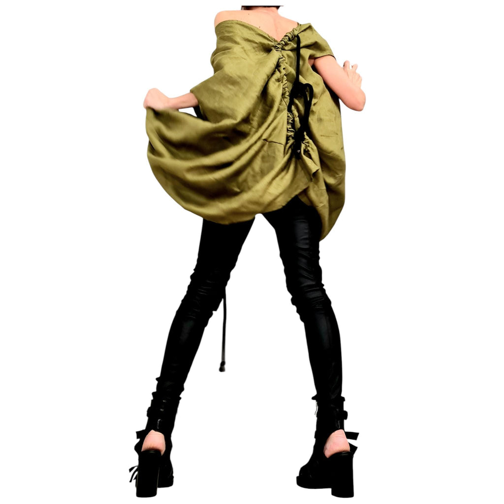 Military Green Linen Tunic, Asymmetric Oversize Top, Adjustable Ruched Kaftan, Plus Size Clothing