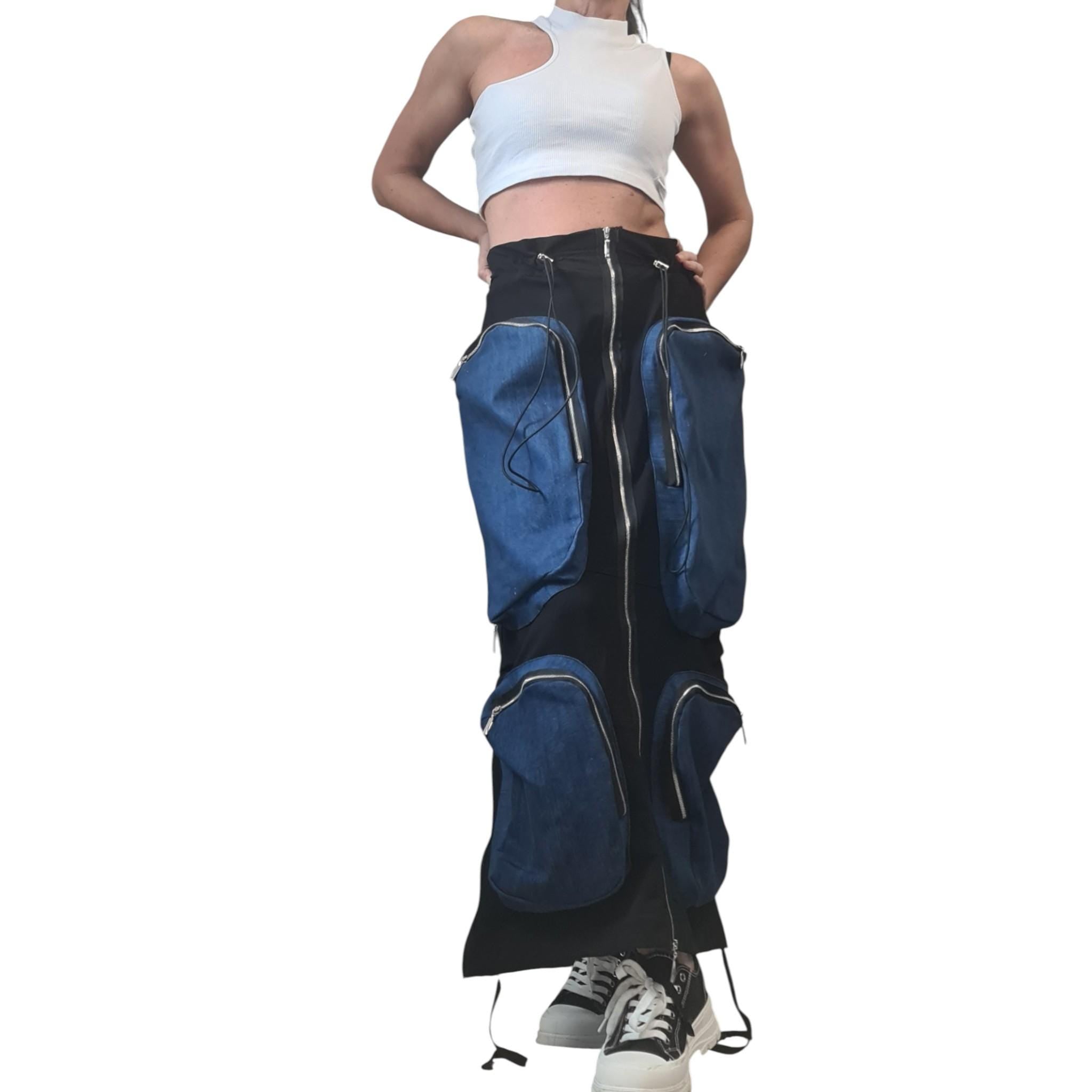 Black French Terry Maxi Skirt With Denim Cargo Pockets, Long Avant Garde Oversized Skirt