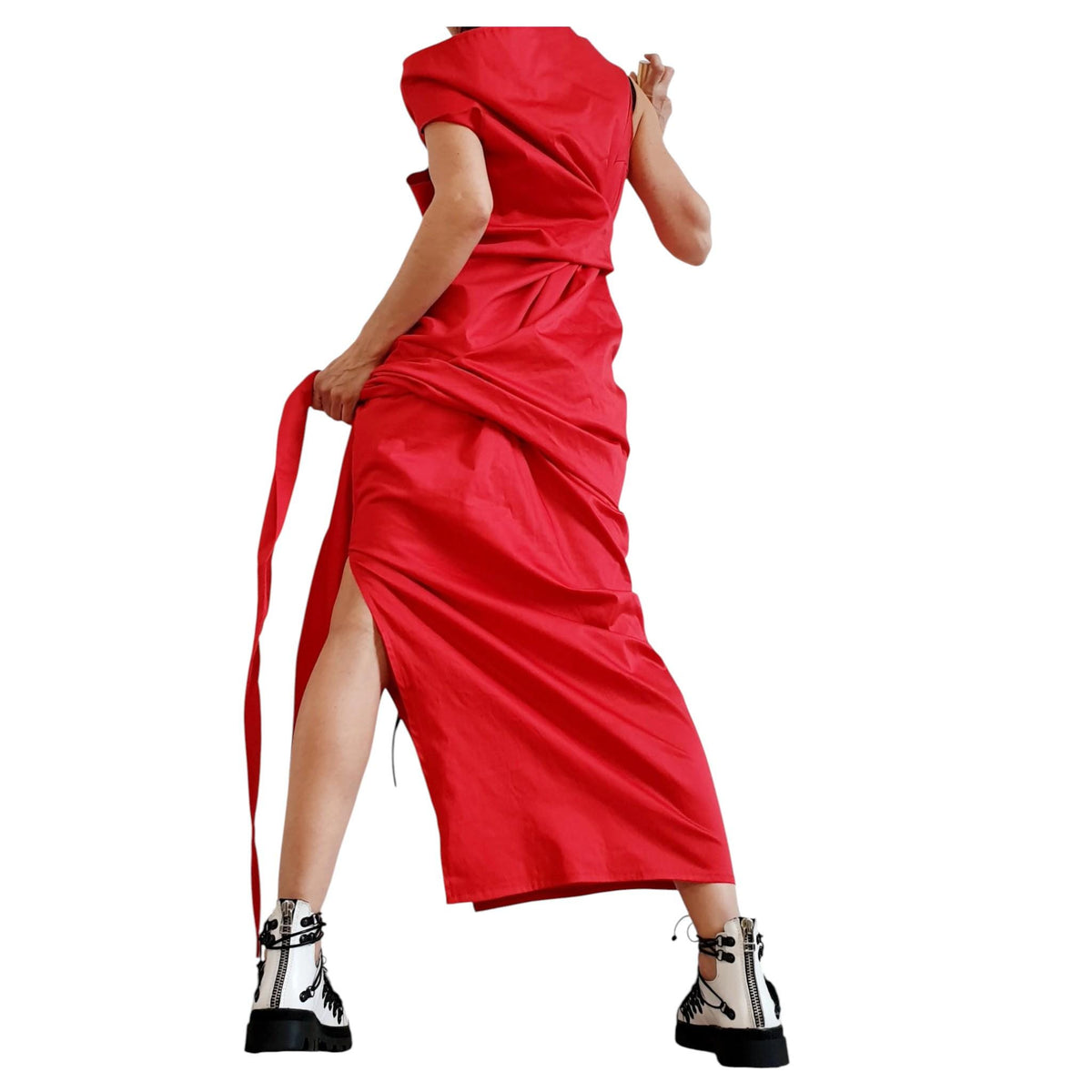 Red Asymmetric Long Dress, Plus Size Clothing, Sleeveless One Shoulder Cocktail Dress